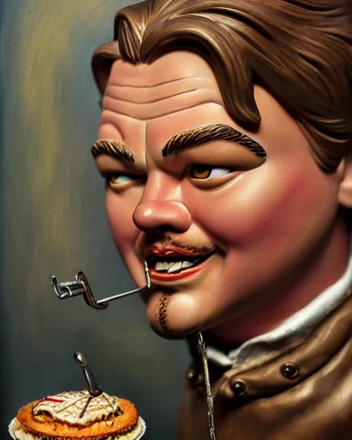 Image similar to highly detailed closeup, face profile portrait of a tin toy leonardo dicaprio as a medieval goblin eating cakes in a castle, hyper realistic, artstation, illustration, nicoletta ceccoli, mark ryden, lostfish, dan decarlo, bob clampett, max fleischer, digital paint, matte paint, vivid colors, detailed and intricate environment