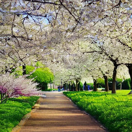 Image similar to a landscape of spring in the big city, trees are filled with color with flowers and plantlife blooming with vigor and grace
