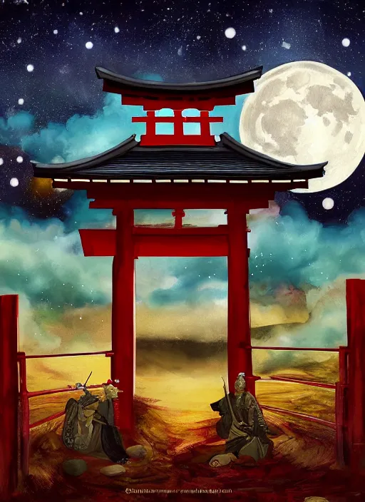 Prompt: a beautiful realistic painting of a godlike samurai in front of a Torii gate at night, starry sky, full moon, mysterious atmosphere, vibrant colors, ayahuasca, fantasy art style