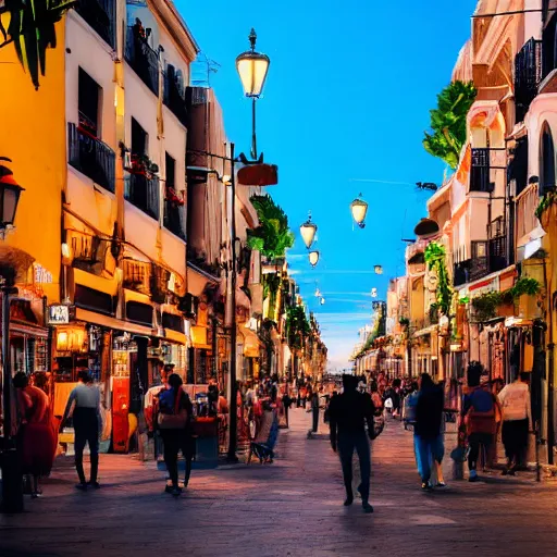 Image similar to a busy side street in valencia, people outside eating meals, taverns nighttime lifestyle, photorealistic