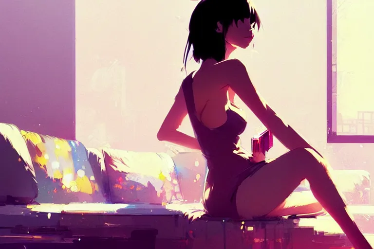 Image similar to a ultradetailed beautiful panting of a stylish woman sitting in a messy apartment, by makoto shinkai, conrad roset and greg rutkowski, trending on artstation