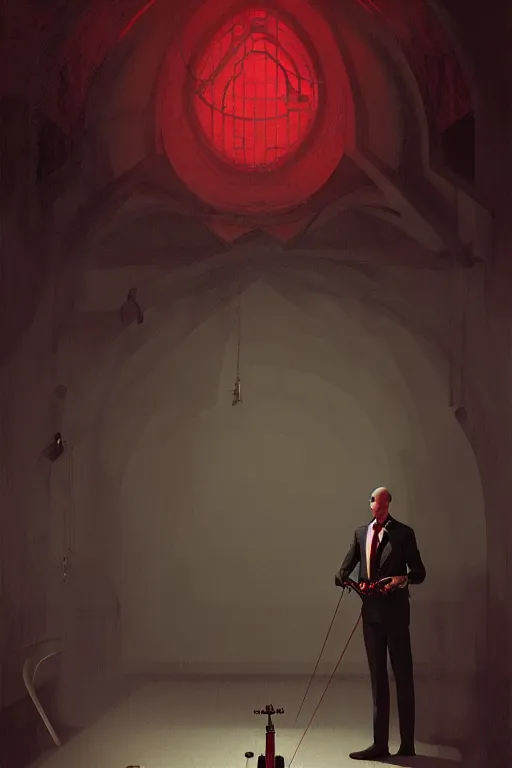 Image similar to an expressive portrait of agent 4 7 playing the violin in a monastery, dark background, red rim light, digital art, artstation, concept art by giger stalenhag