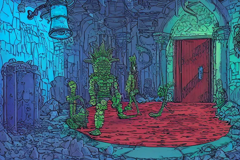 Prompt: complex intricate orc POINT PERSPECTIVE DUNGEON pineapple ROOM filled with objects, painted by Edward Gorey and Moebius and Greg Rutkowski and Paul Wenzel, straight dark outline, trending on artstation, iridescent cool blue and cyan and red and blue and yellow and green lighting front view futuresynth , outrun , vibrant colors, Sabattier filter , Watercolor