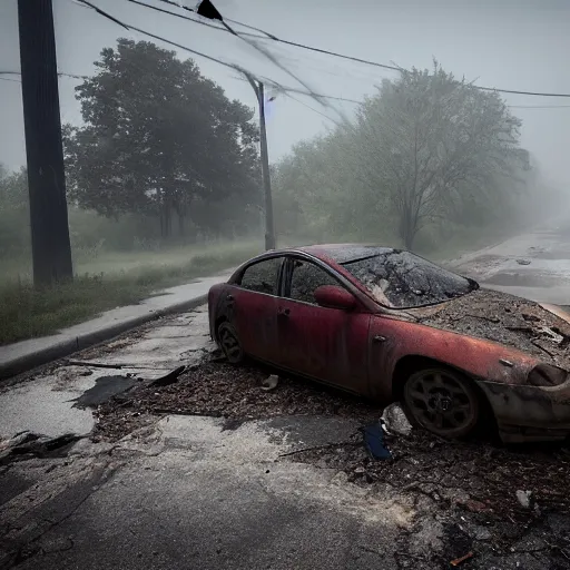 Image similar to apocalyptic, ruined town, abandoned streets, littered, decrepit homes and sheds on the side of the road, slowly being reclaimed by nature. rusted tesla car. fog, dew, rain, volumetric lighting, beautiful, summer morning dew, sharp focus, ultra detailed, cgsociety - w 1 0 2 4 - n 8 - i