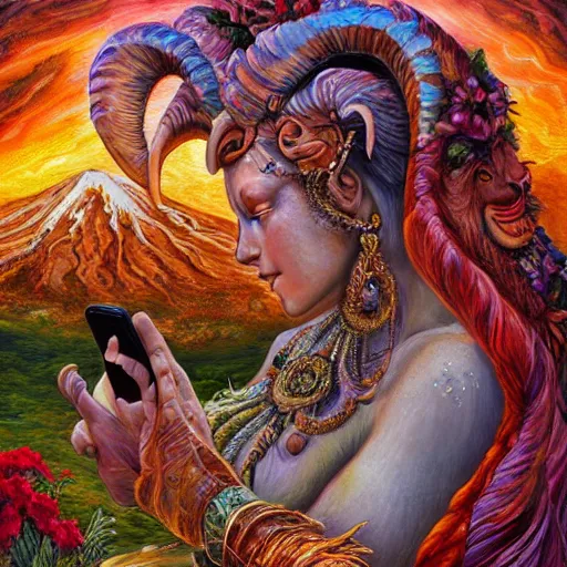 Image similar to painting by josephine wall, horned ram goddess, checking her cell phone, erupting volcano in distance, sunset, flowers in foreground, zodiac, fantasy acrylic on canvas, intricately detailed, highly detailed, high resolution, hdr, 8 k, by senior concept artist, trending on artstation