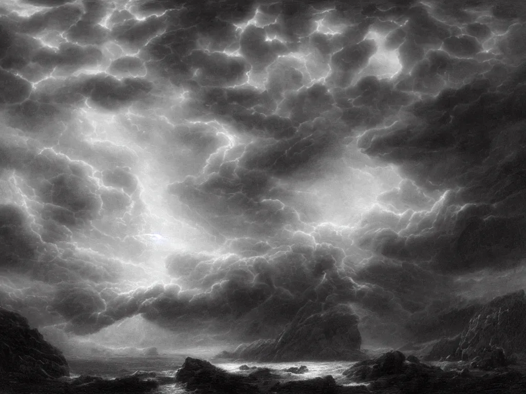 Image similar to very detailed, dark super storm, hyper realistic clouds that resemble large mountains, levitating large rocks. impressive, magical, very atmospheric, fog, cinematic, deep, very high complexity, stunning, dramatic masterpiece, iridescent, chiaroscuro, by gustave dore, caspar david friedrich, ian miller, very detailed. 4 k