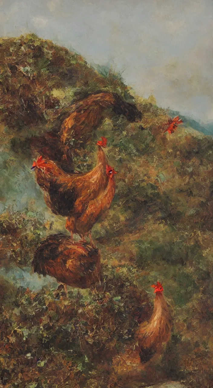 Prompt: giant chicken on a mountain top, elegant, painting