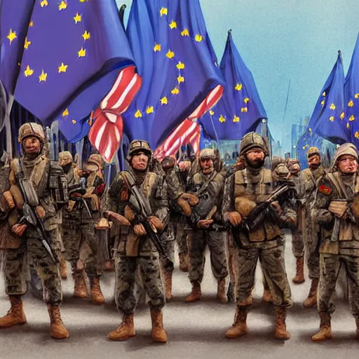 Prompt: army of the european union fighting on the streets of budapest 2 0 2 2, highly detailed illustration for time magazine cover art