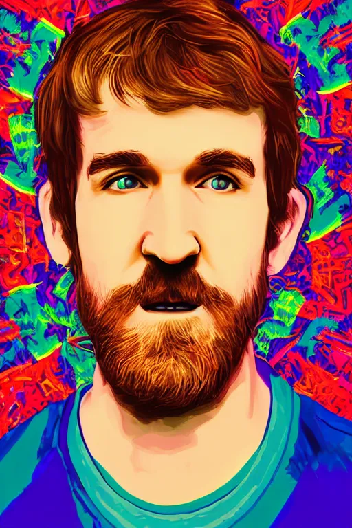 Image similar to inspirational style hope poster of bo burnham with beard by steven belledin, psychedelic colors, highly detailed, realistic, loving