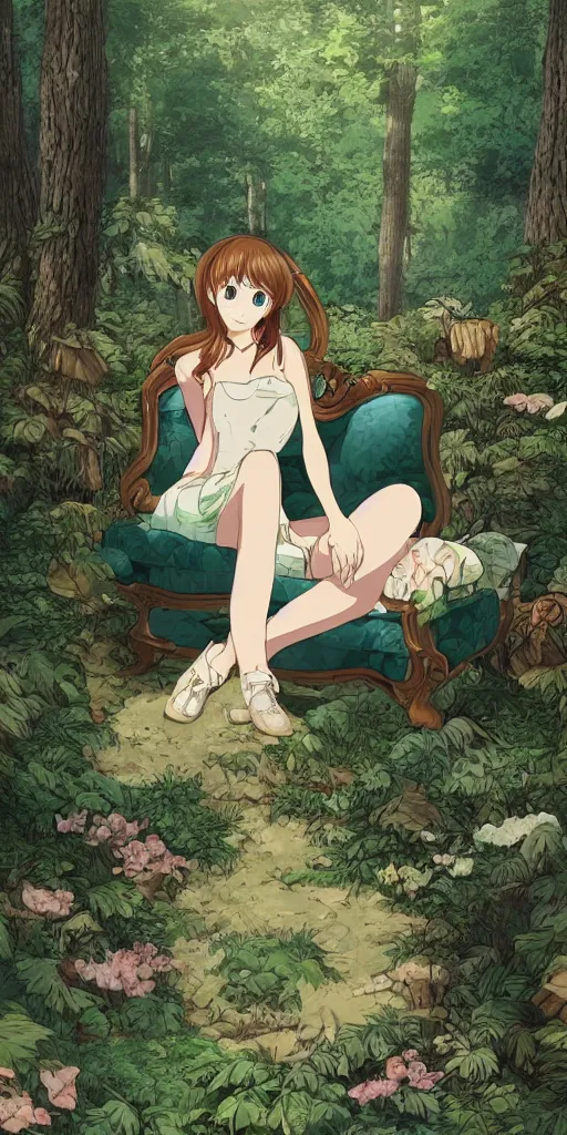 Image similar to landscape shot of a highly detailed queen sitting by herself on a sofa in a forest, drawn by CloverWorks, elegant, beauty,