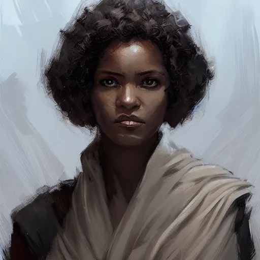 Image similar to portrait of a woman by greg rutkowski, young jedi knight, black, afro hair, prettt, star wars expanded universe, she is about 2 0 years old, wearing jedi robes, highly detailed portrait, digital painting, artstation, concept art, smooth, sharp foccus ilustration, artstation hq