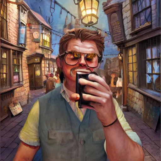 Prompt: Twoflower takes a selfie in Diagon Alley detailed, hyperrealistic, colorful, cinematic lighting, photorealistic, digital art by Paul Kidby, Kate Oleska, and Stephen Player