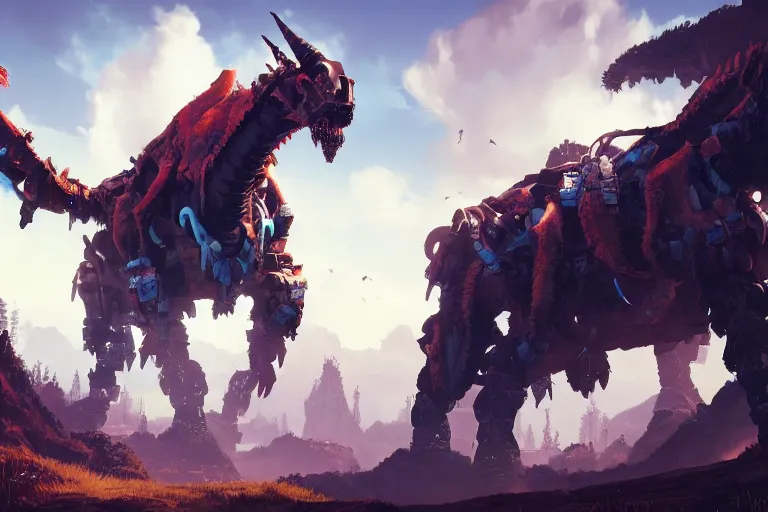 Image similar to grimhorn fanghorn machine mecanical creature robot of horizon forbidden west horizon zero dawn bioluminiscence global illumination ray tracing hdr fanart arstation by ian pesty and alena aenami artworks in 4 k