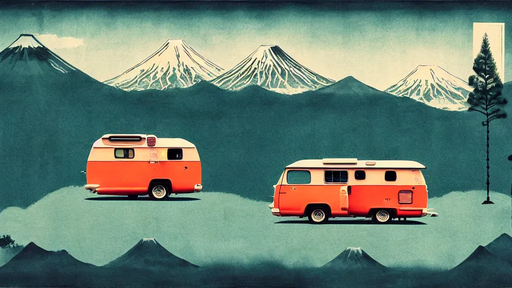 Image similar to japan various natural splendor and rural camper touring, a representational non - abstract collage painting, in the style of wes anderson, lola dupre, david hockney, isolated on negative space background bright monochrome spraypaint accents volumetric octane render