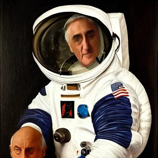 Image similar to Bertie Ahern wearing an astronaut helmet, painted by Caravaggio