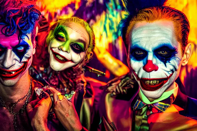 Image similar to 35mm color, illegal rave, portrait of Joker and Harley Queen, fashion shoot, freak show, hyperdetailed, photorealistic, interesting, by David la chapelle and les edwards and david cronenberg and WETA digital, ID magazine, octane rendering, cinematic, hyperrealism, octane rendering, 8k, depth of field, bokeh.