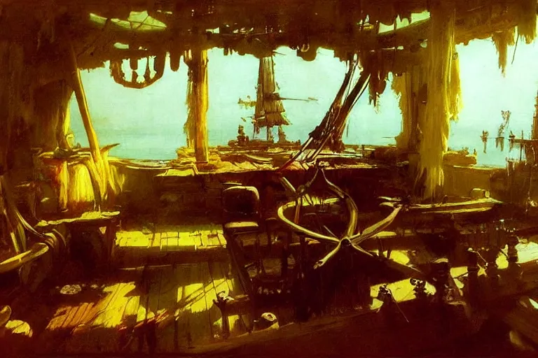 Image similar to pirate ship cabin interior, intricate, elegant, highly detailed, vivid colors, john harris, frazetta, tyrus wong, ruan jia, jeffrey catherine jones