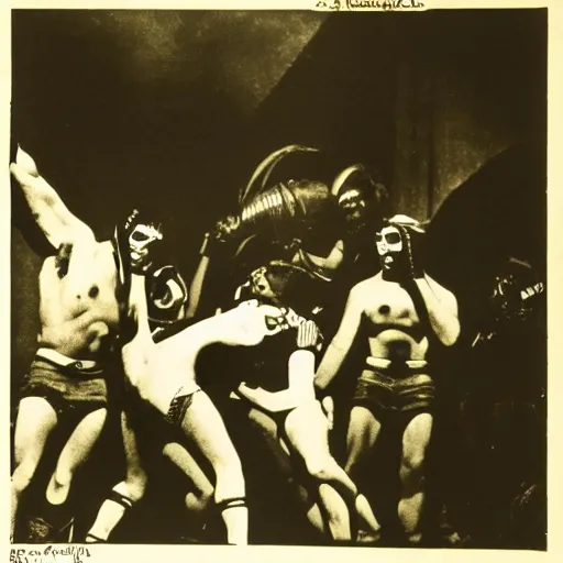 Prompt: photograph of lucha libre, nineteen twenties, avant garde, german expressionist cinema, by fritz lang, dramatic lighting, epic composition