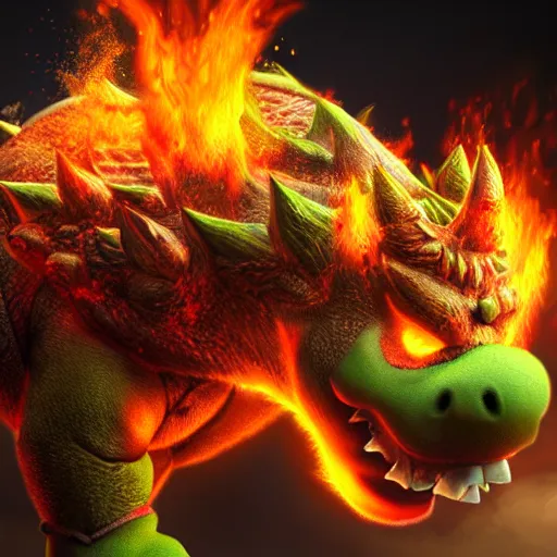 Prompt: A Realistic Bowser From Super Mario Bros, 8k, HD, Photorealistic, Flames