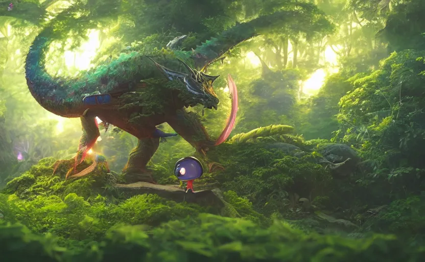 Image similar to a still of a cute adorable tiny astronaut, on a planet of lush foliage, with an enormous kaiju dragon surrounding, magical forest, sharp focus, neon backlit, highly detailed, disney pixar studio ghibli makoto shinkai, digital painting, matte, octane render, global illumination, iridescent, anime, 8 k concept art