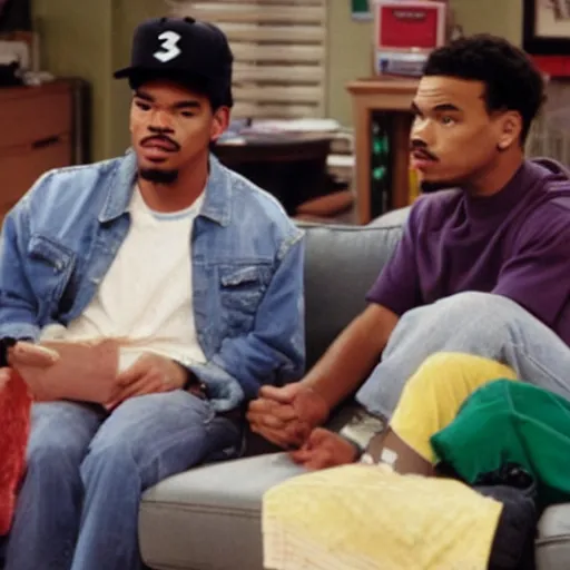 Image similar to a tv still of Chance The Rapper starring as a black college student at Jones College Prep in a 1993 sitcom