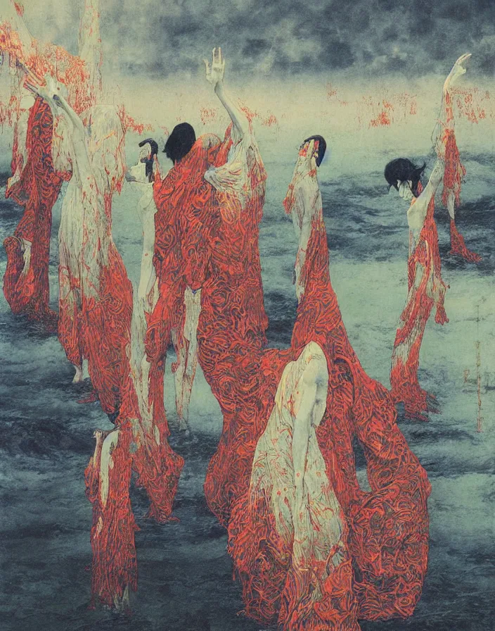 Prompt: worshippers in robes standing in waves, high detailed beksinski painting, part by adrian ghenie and gerhard richter. art by takato yamamoto. masterpiece, deep colours, blue