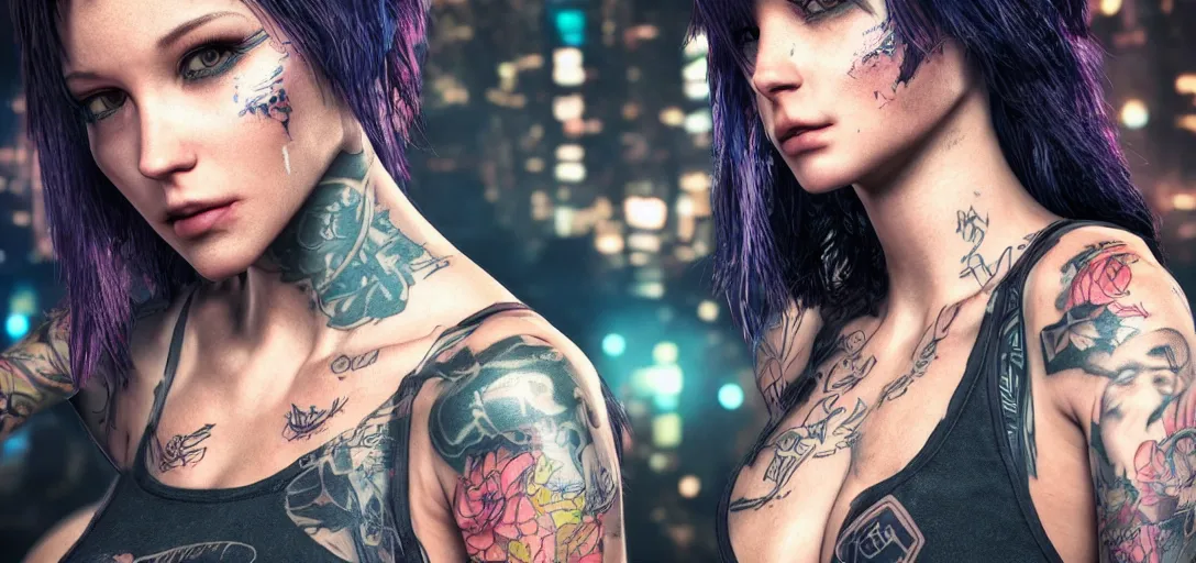 Image similar to a beautiful cyberpunk chick with tattoos photorealism bokeh