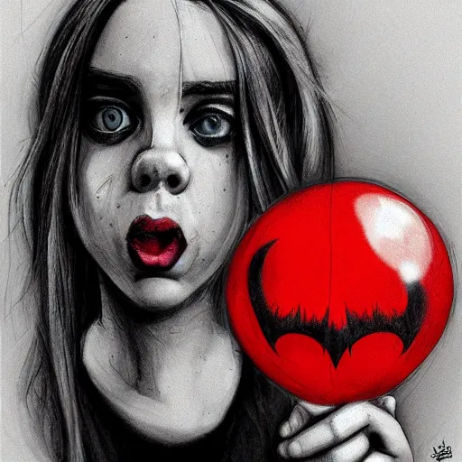 Image similar to surrealism grunge cartoon portrait sketch of billie eilish with a wide smile and a red balloon by - michael karcz, loony toons style, batman style, horror theme, detailed, elegant, intricate