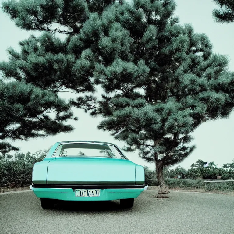 Image similar to 1 9 7 0 s car parked by the pine tree, film photo, soft lighting album cover, nostalgia, turquoise gradient