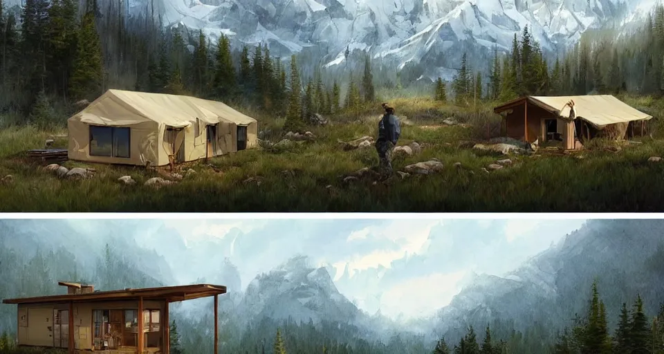 Image similar to cabela's beautiful comfortable community of modular insulated wall container home kit - house all weather military grade family dwelling tent house, person in foreground, mountainous forested wilderness open fields, beautiful views, painterly concept art, environmental concept art, concept art illustration, by james gurney, by craig mullins, by greg rutkowski trending on artstation