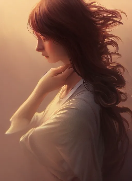 Image similar to handsome young women with shoulder length brown hair, smoke, foggy, half body shot, path traced, highly detailed, high quality, digital painting, alena aenami, lilia alvarado, shinji aramaki, karol bak, alphonse mucha, tom bagshaw