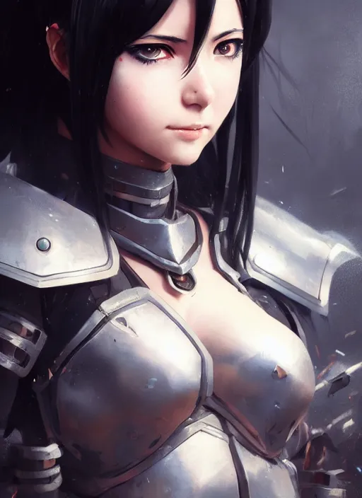 Image similar to Portrait of Anime girl with black hair, she is wearing metal armor around her chest and waist, realistic, detailed, 4k by Greg Rutkowski Mark Arian trending on artstation