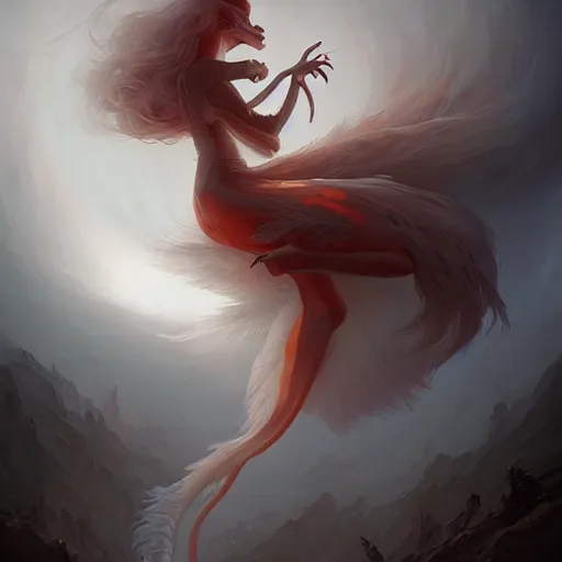 Prompt: prompt A beautiful portrait of a white red orange kumiho, backlit, concept art, matte painting, by Peter Mohrbacher