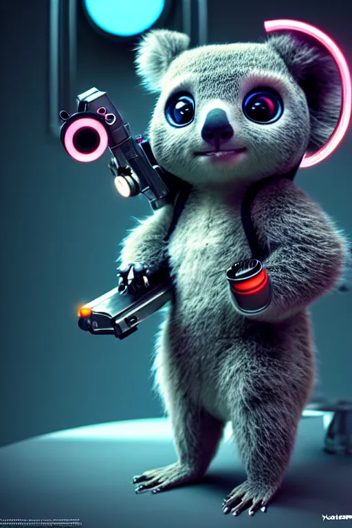 Image similar to high quality 3 d render very cute cyborg koala! cyberpunk highly detailed, unreal engine cinematic smooth, in the style of blade runner & detective pikachu, hannah yata charlie immer, moody light, low angle, uhd 8 k, sharp focus