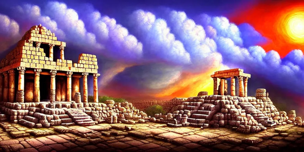 Image similar to illusion painting hidden temple in the clouds : an adorable small fox in the huge ruins of the second temple in jerusalem. a new temple hovers quietly hiding in the dreamy clouds above. a hooded bearded old man in a brown tunic laughing, colorful 8 k, art station, intricate superb details, digital art, illusion painting hidden image.