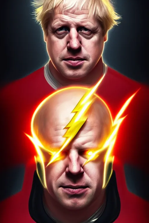 Image similar to Boris Johnson as Flash by Zack Snyder, realistic portrait, symmetrical, highly detailed, digital painting, artstation, concept art, smooth, sharp focus, illustration, cinematic lighting, art by artgerm and greg rutkowski and alphonse mucha