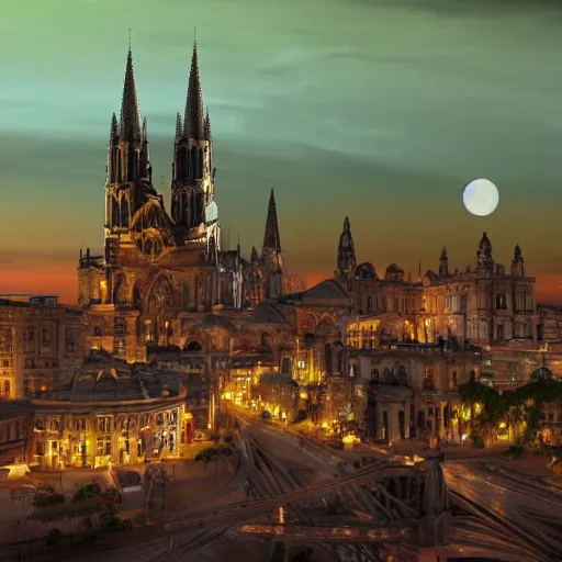 Image similar to fictional city in south america with gothic architecture at night, very details, photorealistic