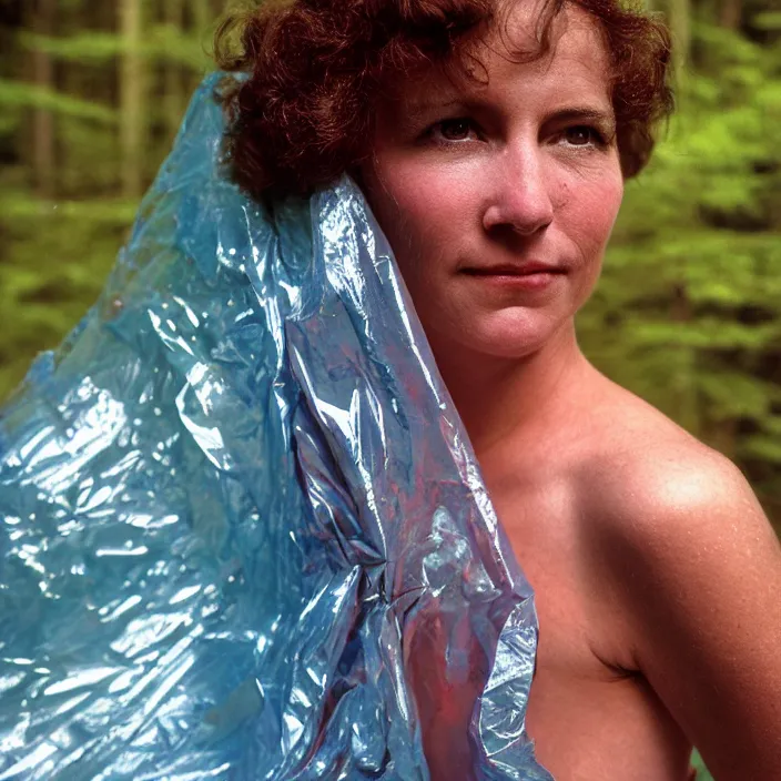 Prompt: a color photograph, closeup portrait of a woman wrapped in plastic, in grand olympic national park in washington, color photograph, by vincent desiderio, canon eos c 3 0 0, ƒ 1. 8, 3 5 mm, 8 k, medium - format print