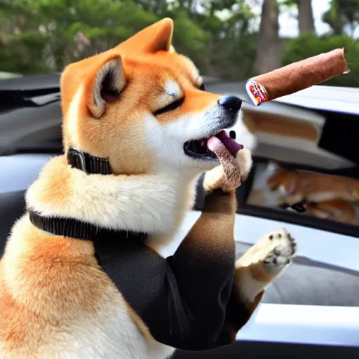 Prompt: shiba inu with a cigar in mouth inside a toyota supra