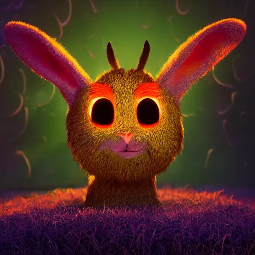 Image similar to halloween festival, expressive eyes, floating, rbc, bunny, radiolaria, protophyta, micro - organisms, center frame, symmetric, rim light, marine microbiology, bioluminescence, electric, fur, soft, concept art, intricate details, highly detailed, colorful, photorealistic, disney pixar, octane render,