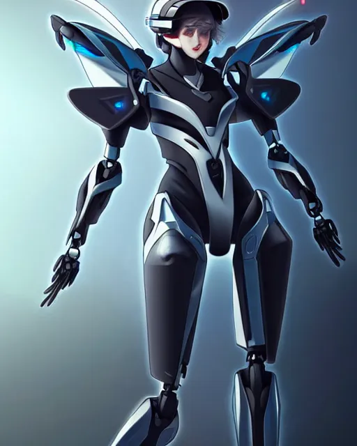 Image similar to uncropped stealthy feminine mecha ( with futuristic jet armor and wings ) with a heart visor helmet, symphogear, full body character portrait, hi - tech, trending on artstation, sci - fi rave gear armor, digital painting, concept art, sharp focus, illustration, art by wlop and greg rutkowski