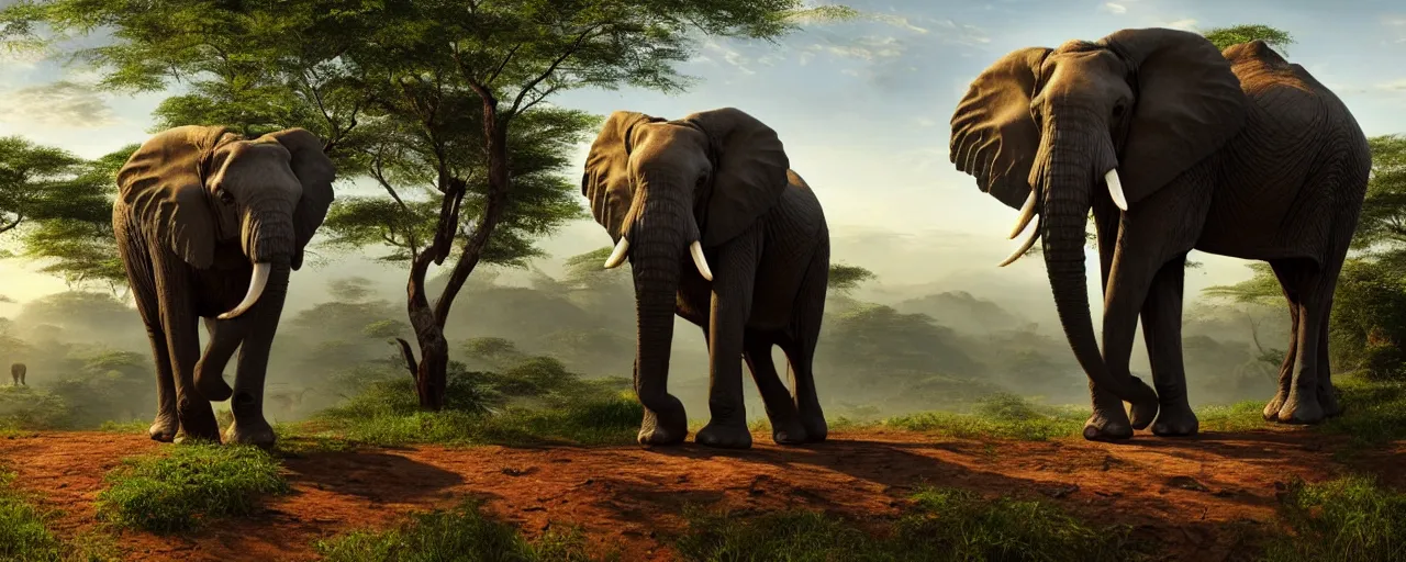 Prompt: an African elephant standing on it's hind legs in the jungle, beautiful dynamic lighting, cinematic, wide angle establishing shot, extremely high detail, photo realistic, cinematic lighting, post processed, concept art, artstation, matte painting, style by frederic church, raphael lacoste, unreal engine 8k