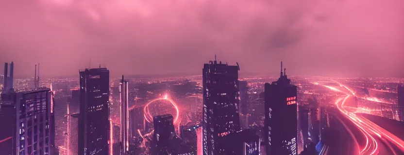 Image similar to moody shot of the man standing on the roof, looking diem at impressive cyberpunk city at night during great storm, nightscape, futuristic architecture, realistic photo, neons, blade runner, akira style, cinematic lighting, cinematic angles, rules of third
