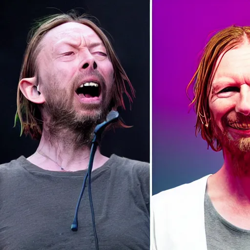 Image similar to thom yorke with aphex twin, perfect face, more details