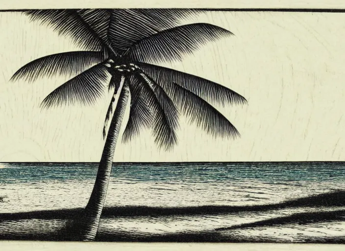 Prompt: a beautiful wood engraving on paper of a beach with coconut palms