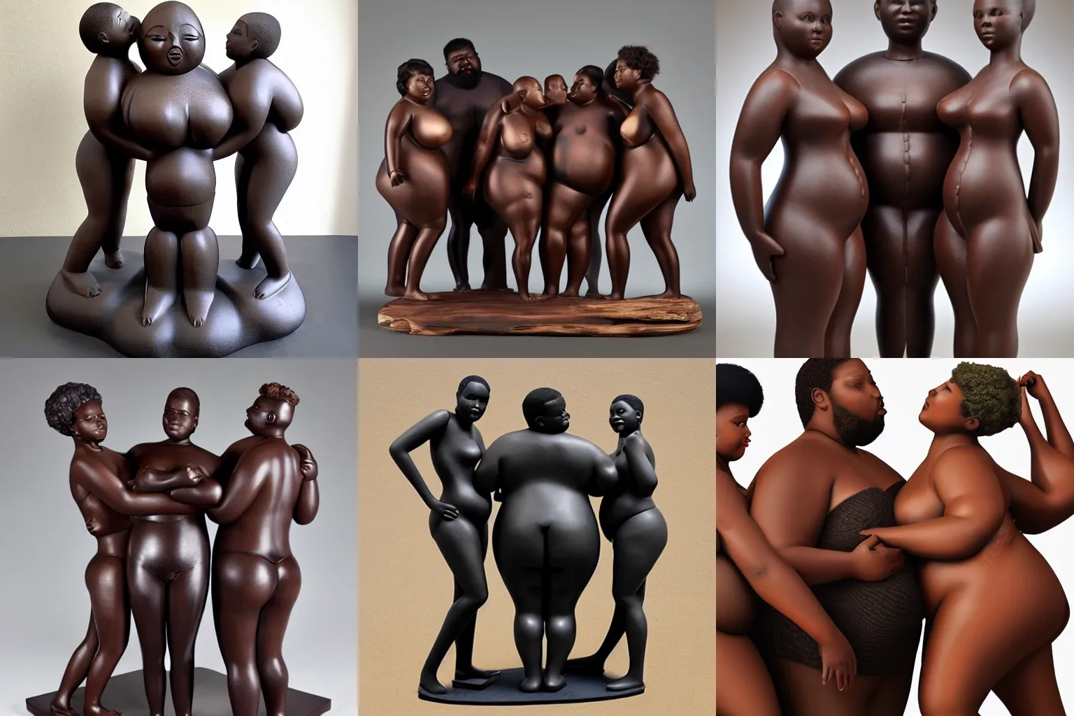 Prompt: curvy smooth ebony wood sculpture of three beautiful fat androgynous polyamorous black people