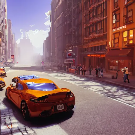 Image similar to copper colored sport car racing through a street in nyc, painted by, mc escher, gordon onslow ford, georgia o'keeffe and ivan aivazovsky, cinematic light, god rays, colourful, unreal engine.