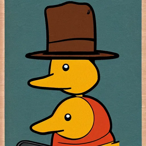 Prompt: anthropophic duck wearing a trenchcoat, wearing a fedora hat, holding a magnifying glass