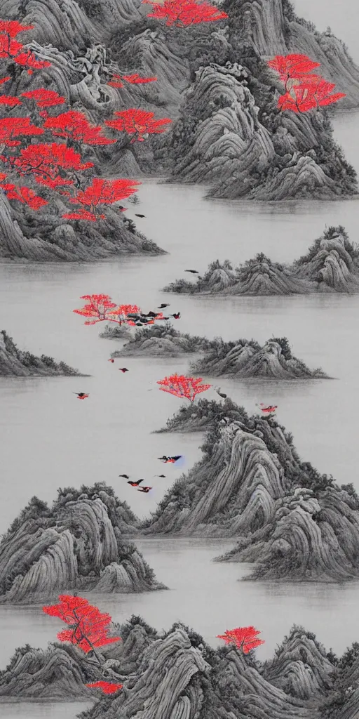 Image similar to Environmental shot, Beautiful!!!!! chinese ink-wash painting a river and ((cliffs)), birds flying , shui mo hua, highly intricate, with some red!! strokes!!