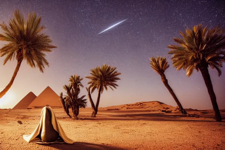 Image similar to a hooded Druid sitting under a palm tree in the Egyptian desert reading ancient scrolls in the light from a small fire at night, brown cloak, desert, starry sky, an ancient city far in the distance, strong dramatic cinematic lighting, lost civilizations, smooth, sharp focus, extremely detailed